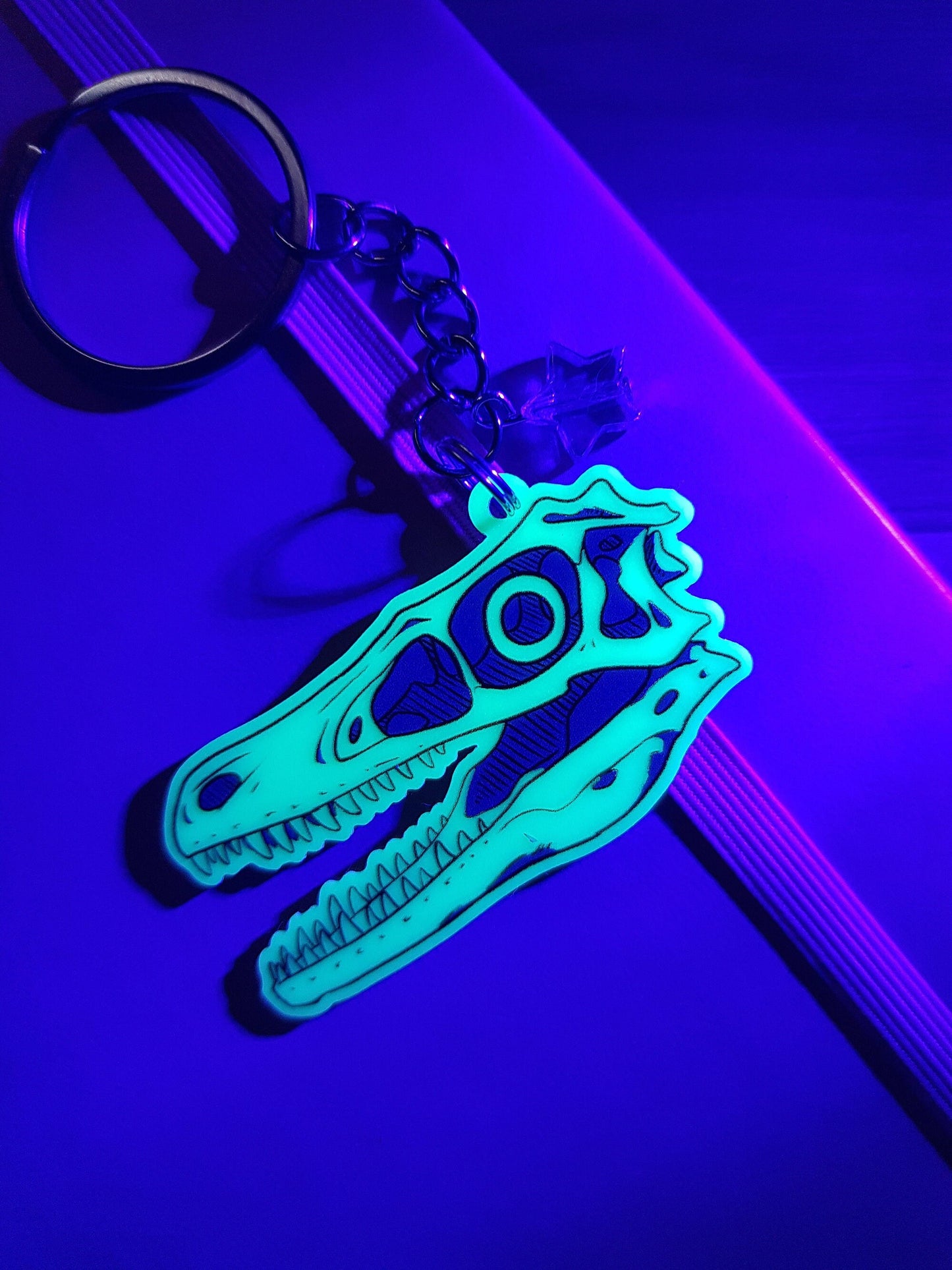 Glow in the dark raptor skull keyring