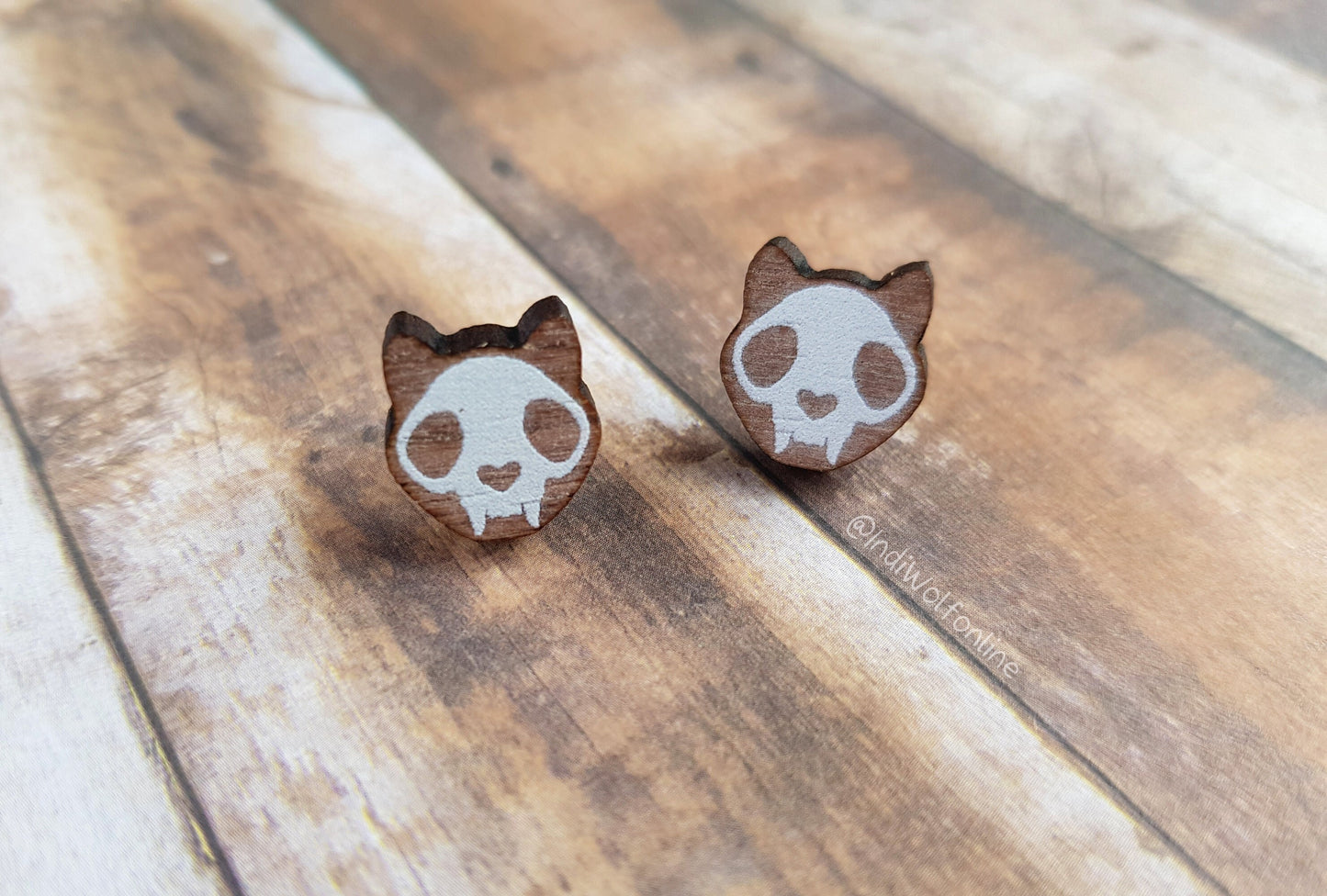 Cat Skull Eco-Friendly Wooden Earrings for Sensitive Ears